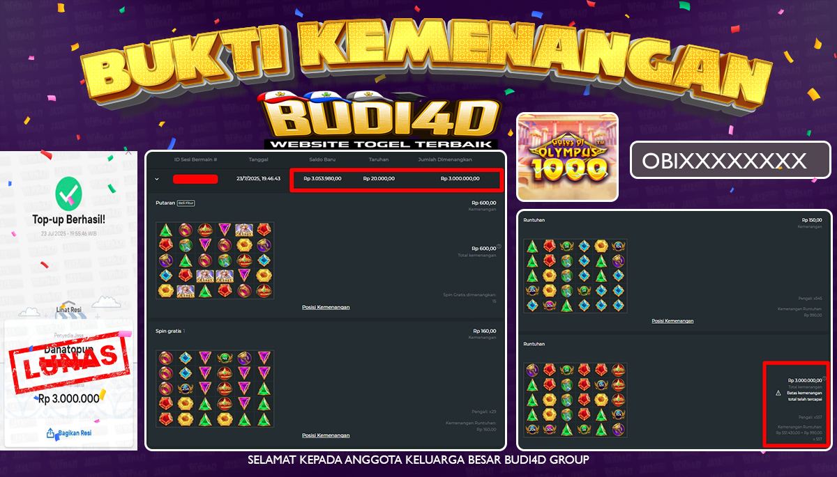 BUDI4D JACKPOT SLOT PRAGMATIC GATES OF OLYMPUS 1000 Rp.3.000.000,- LUNAS